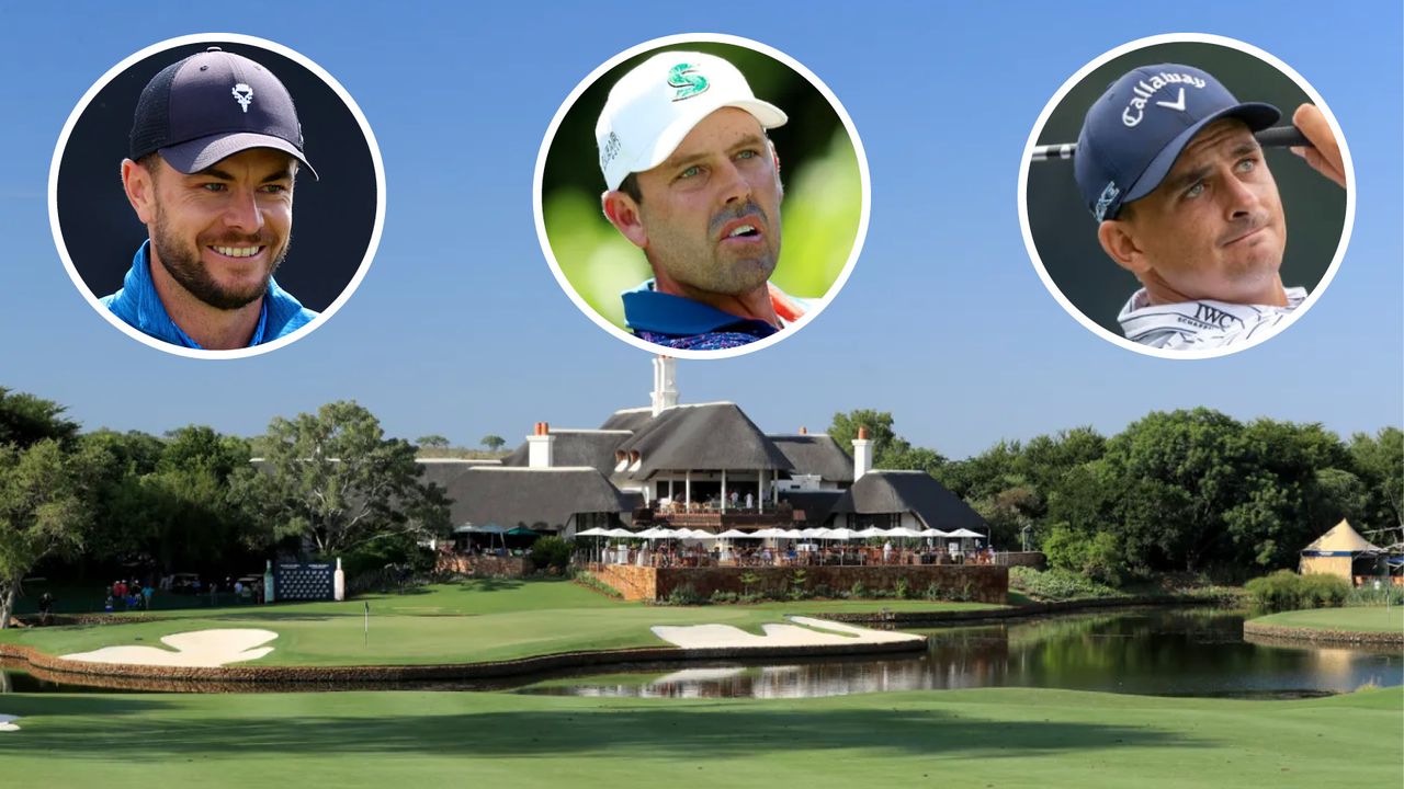 Main image of Leopard Creek clubhouse and inset images of Laurie Canter (top left), Charl Schwartzel (top middle), and Charl Schwartzel (top right)