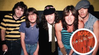 A portrait of AC/DC with an inset of the Fly On The Wall album cover
