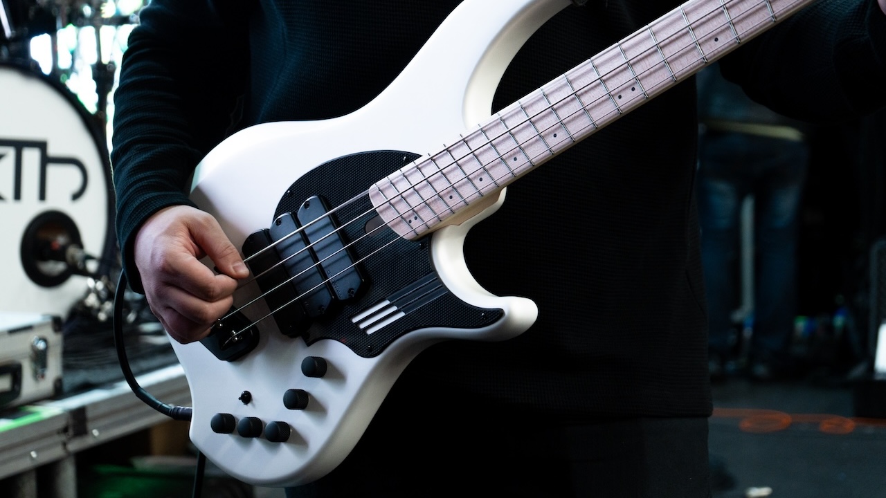 Close-up of Adam 'Nolly' Getgood&amp;rsquo;s signature Dingwall bass guitar