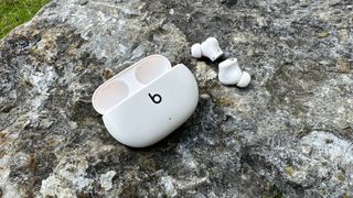 Beats Studio Buds Plus on a rock, case and buds