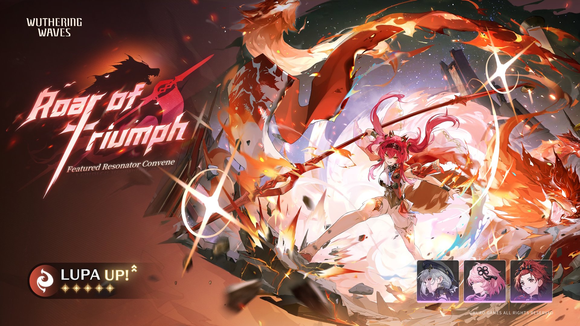 Wuthering Waves current banner - Lupa's banner details from version 3.4 of Wuthering Waves. Showing her splash art and the four-star characters on her banner.