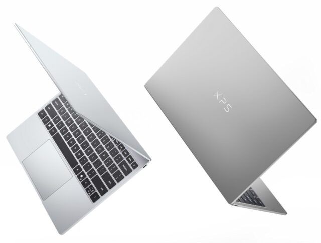 Dell XPS 13 promotional image showing front and back of laptop.