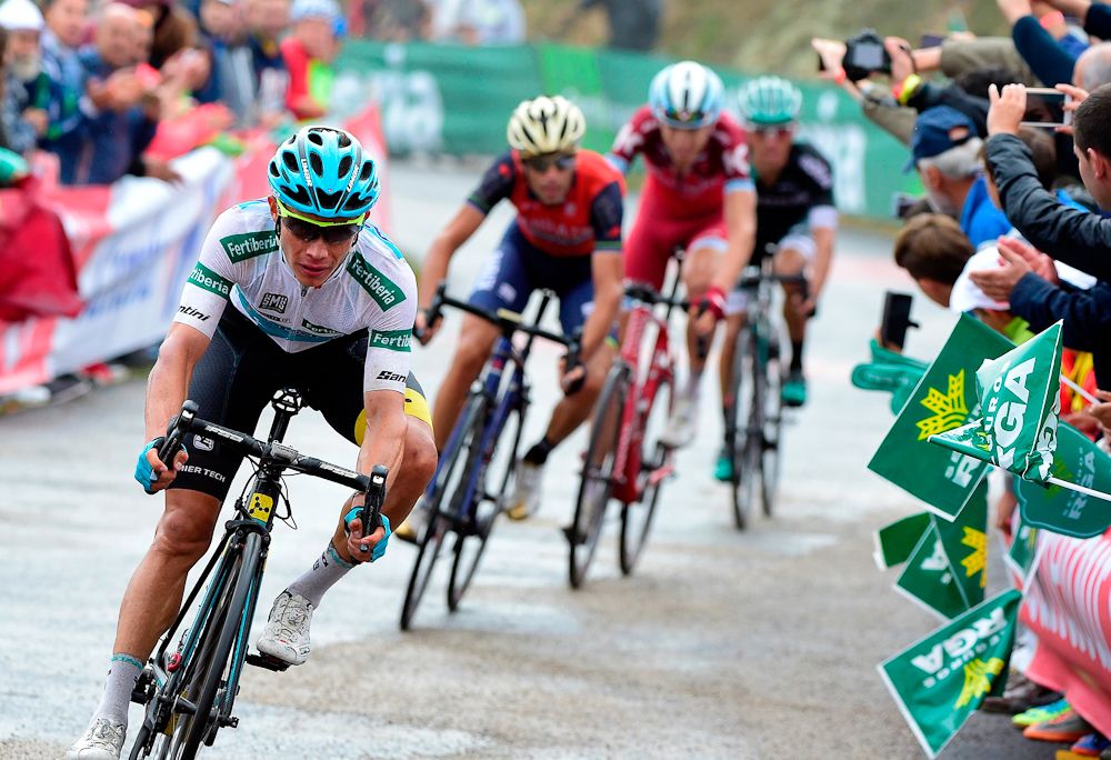 Miguel Angel Lopez finishes stage 17 at the Vuelta