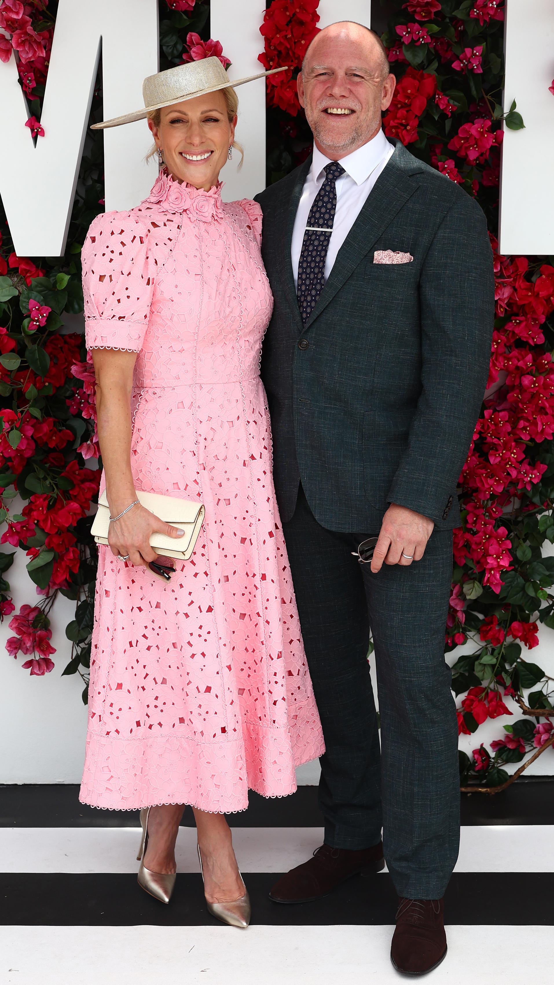 Magic Millions ambassador Zara Tindall and Mike Tindal arrival pose during the Magic Millions Raceday at Gold Coast Turf Club at on January 17, 2026