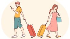 Couple with suitcases going opposite directions