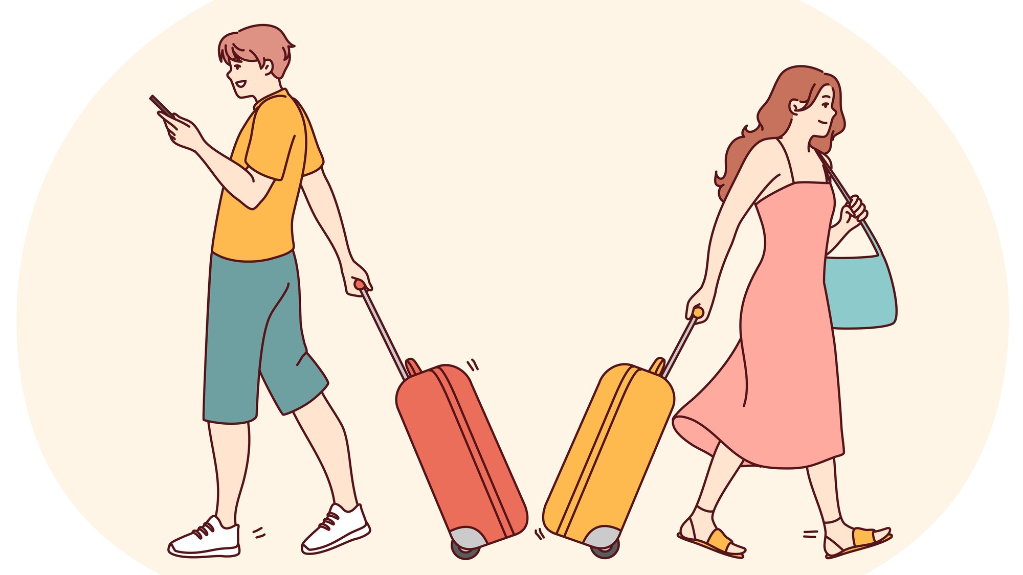 Couple with suitcases going opposite directions