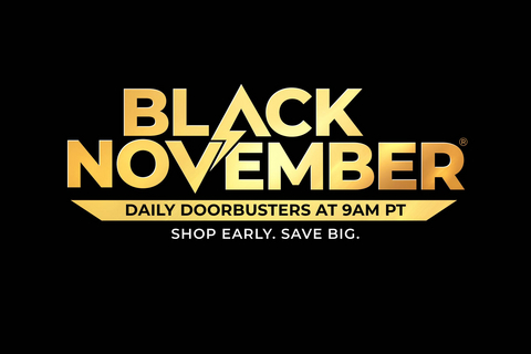 A promotional graphic for Newegg's "Black November" sale, featuring bold gold text on a black background that reads, "BLACK NOVEMBER," "DAILY DOORBUSTERS AT 9AM PT," and "SHOP EARLY. SAVE BIG."