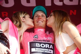 Lukas Postlberger (Bora-Hansgrohe) in the maglia rosa after winning the opening stage at the 2017 Giro d'Italia