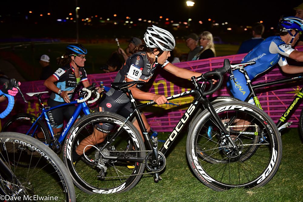 Crystal Anthony (Boulder Cycle Sport) racing in a crowd on one of the run-ups