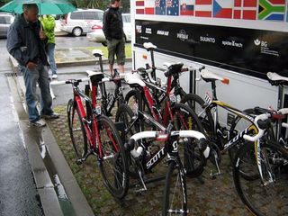The HTC-Columbia bikes were kept out of the rain.