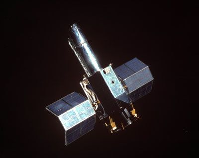 An artist's illustration of the International Ultraviolet Explorer satellite, which launched in 1978 to study ultraviolet light from distant stars.