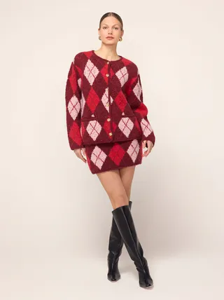 KITRI, Pandora Burgundy Argyle Knit Cardigan