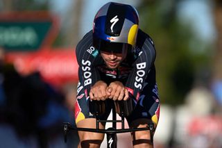 Team Bora's Primoz Roglic competes in the stage 1 of La Vuelta a Espana cycling tour, a 12 km time-trial race from Lisbon to Oeiras, on August 17, 2024. (Photo by MIGUEL RIOPA / AFP)