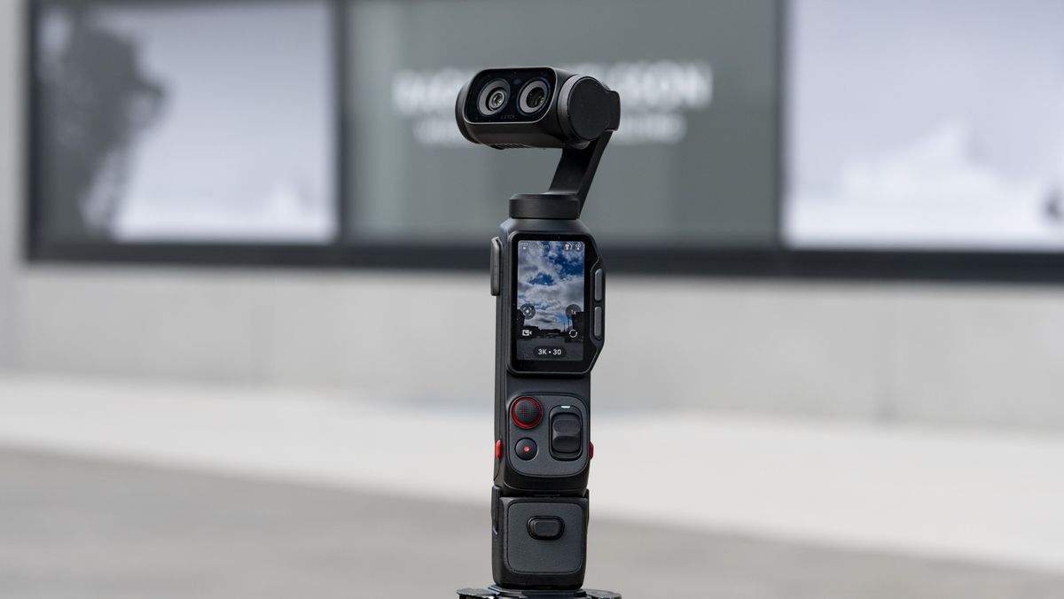 Insta360 Luna Ultra vlogging camera, outdoors in a grey urban scene