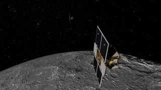 Artist's concept of the two Gravity Recovery and Interior Laboratory (GRAIL) spacecraft orbiting the moon. NASA will launch the twin probes on Sept. 8, 2011, to study the moon's gravitational field in unprecedented detail.