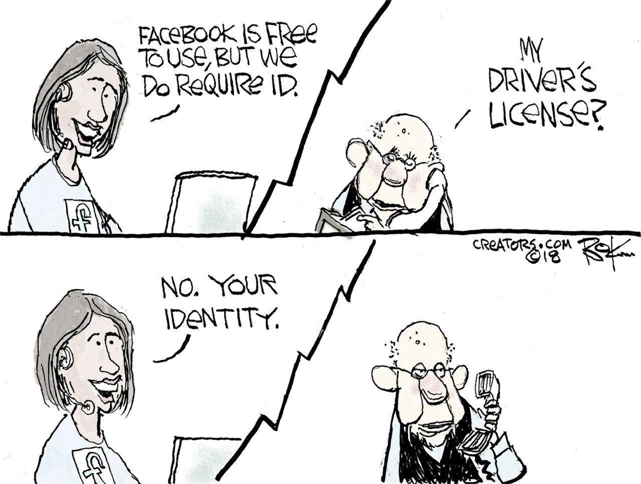 Political cartoon U.S. Facebook data privacy scandal Cambridge Analytica identity