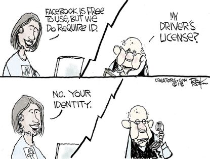 Political cartoon U.S. Facebook data privacy scandal Cambridge Analytica identity