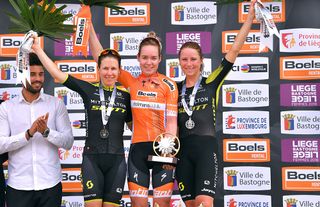 Liege-Bastogne-Liege podium: Anna van der Breggen (1st), Amanda Spratt (2nd) and Annemiek Van Vleuten (3rd)