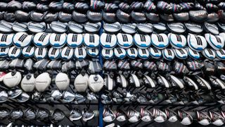 Shelves of TaylorMade woods at Golf Clubs 4 Cash
