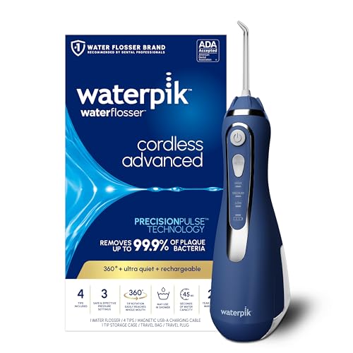 Waterpik Cordless Advanced 2.0 Water Flosser for Teeth, Gums, Braces, Dental Care With Travel Bag and 4 Tips, Ada Accepted, Rechargeable, Portable, and Waterproof, Blue Wp-583, Packaging May Vary