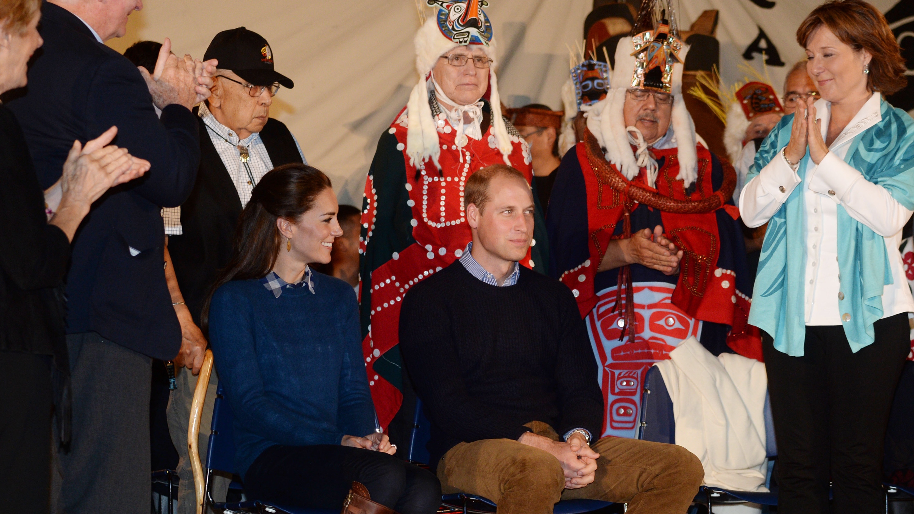 The Prince and Princess of Wales attend an official welcome and performance from Bella Bella First Nations Community at Wawiska Community Hall on September 26, 2016