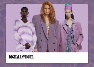 digital lavender on a title card next to models wearing lavender