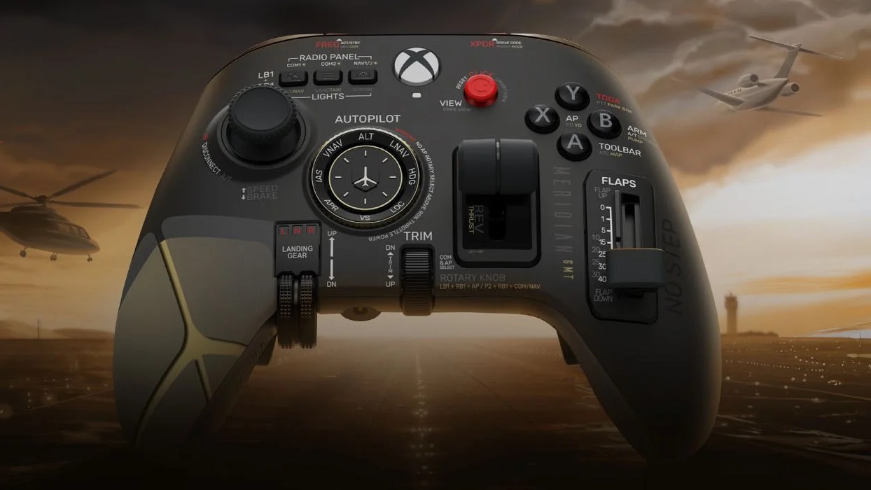 A render of the PowerA Meridian Project X-Ray Flight Deck Wireless Controller showing integrated Flight Simulator controls and Xbox support. 