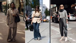 New Yorkers style blazers, jeans, and gray sweaters