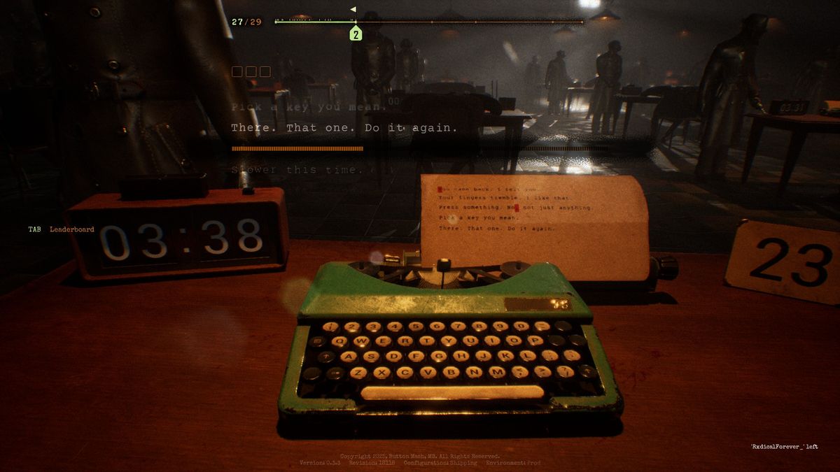 Screenshots from Final Sentence, a battle royale typing game where you need to avoid being shot in a warehouse.