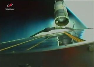 The third stage of a Soyuz 2.1a rocket falls away during the successful launch of a Soyuz MS-16 rocket carrying the Expedition 63 crew to the International Space Station on April 9, 2020.