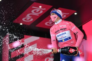 TORTORETO ITALY OCTOBER 13 Podium Joao Almeida of Portugal and Team Deceuninck QuickStep Pink Leader Jersey Celebration Champagne during the 103rd Giro dItalia 2020 Stage 10 a 177km stage from Lanciano to Tortoreto girodiitalia Giro on October 13 2020 in Tortoreto Italy Photo by Tim de WaeleGetty Images