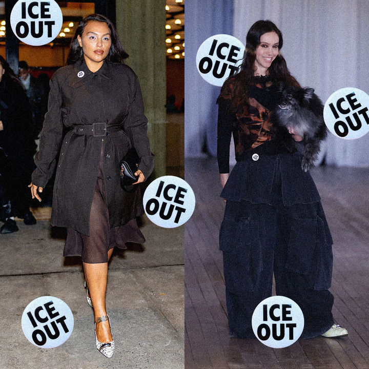 Paloma Elsesser and Hillary Taymour wearing ice out pins at new york fashion week