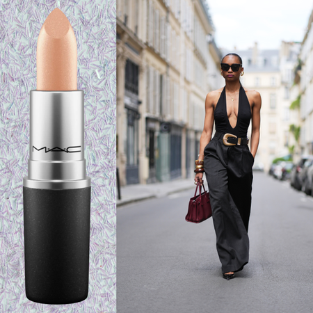 A woman wearing a halter top flanked by a lipstick on her left