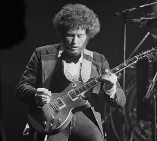 Guitarist Rich Williams performing with American rock group Kansas, 1977.