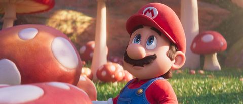 Mario (Chris Pratt) next to a big mushroom in The Super Mario Bros. Movie