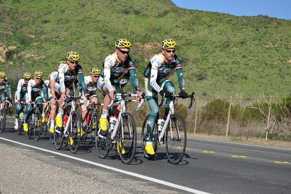 Reid Mumford (right) and Dan Bowman head the paceline as the team ventures into the hills after miles of flat farmland.