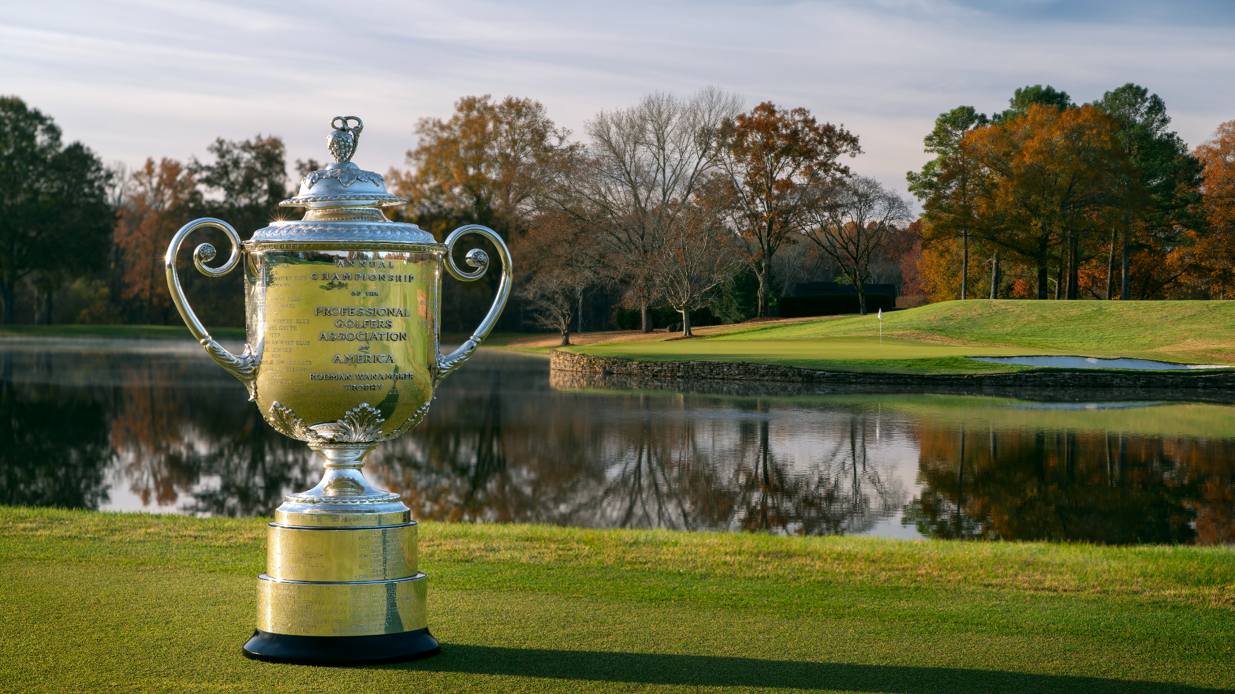 The Wanamaker Trophy at the 17th hole at Quail Hollow 