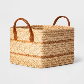 Small Braided Water Hyacinth Basket With Faux Leather Handles - Threshold™