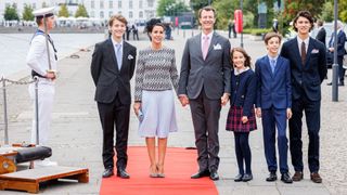 Prince Felix of Denmark, Princess Marie of Denmark, Prince Joachim of Denmark, Prince Henrik of Denmark and Prince Nikolai of Denmark arrive at the Royal yacht Dannebrog