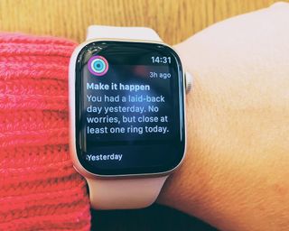 Apple Watch Series 8 being tested in writer's home, displaying fitness tips