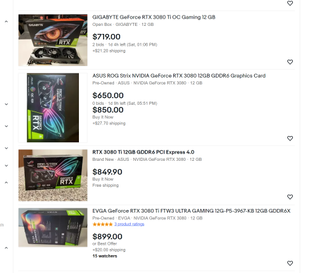 Used GPUs listed in a screenshot from eBay