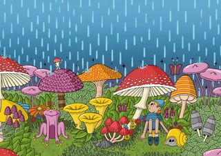 Drawing by Toby Hawksley of elf character sheltering from rain under toadstool