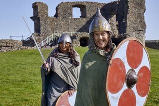 Scarlett Moffatt and Rosie Jones all dressed up for a Viking battle re-enactment in the Lake District