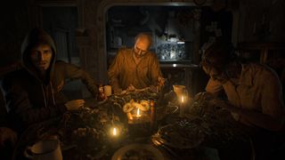 Three people sit around a table in Resident Evil 7