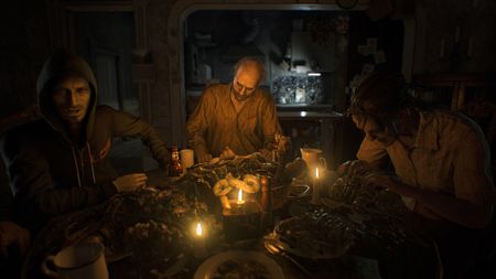 Three people sit around a table in Resident Evil 7