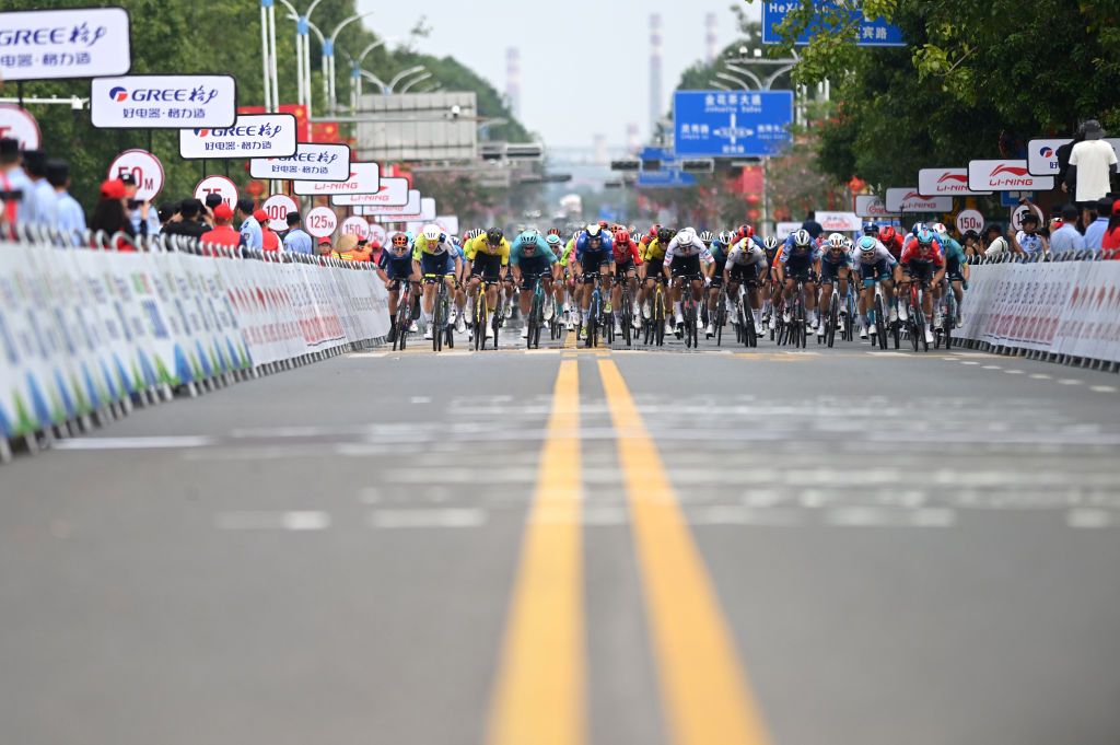 FANGCHENGGANG CHINA OCTOBER 15 LR Blake Quick of Australia and Team Jayco AlUla Gijs Van Hoecke of Belgium and Team Intermarche Wanty Mick Van Dijke of The Netherlands and Team Visma Lease a Bike Davide Cimolai of Italy and Movistar Team Jhonatan Narvaez of Ecuador and Team INEOS Grenadiers Luke Lamperti of The United States and Team Soudal QuickStep Juan Sebastian Molano of Colombia and UAE Team Emirates and stage winner Lionel Taminiaux of Belgium and Team Lotto Dstny sprint at finish line during the 5th GreeTour Of Guangxi 2024 Stage 1 a 1493km stage from Fangchenggang to Fangchenggang UCIWT on October 15 2024 in Fangchenggang China Photo by Dario BelingheriGetty Images