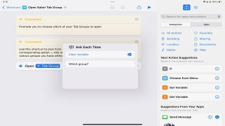Screenshot of the Open Safari Tab Group shortcut open with the Ask Each Time prompt showing to visualize the interactivity.