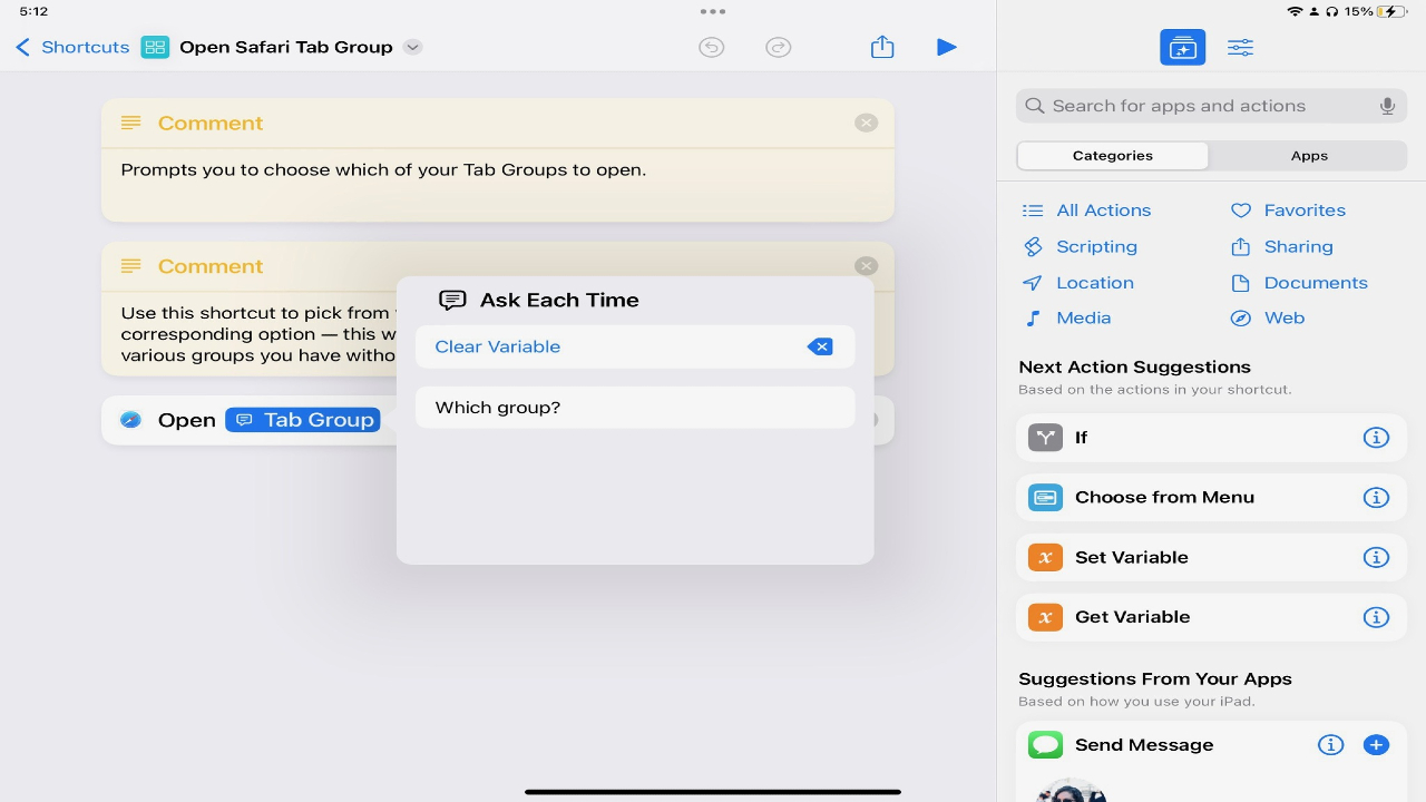 Screenshot of the Open Safari Tab Group shortcut open with the Ask Each Time prompt showing to visualize the interaction.