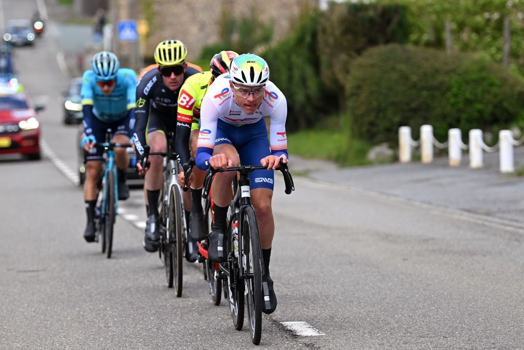 HUY BELGIUM APRIL 17 Alan Jousseaume of France and Team TotalEnergies leads the breakaway during the 88th La Fleche Wallonne 2024 Mens Elite a 1986km one day race from Charleroi to Huy UCIWT on April 17 2024 in Huy Belgium Photo by Dario BelingheriGetty Images