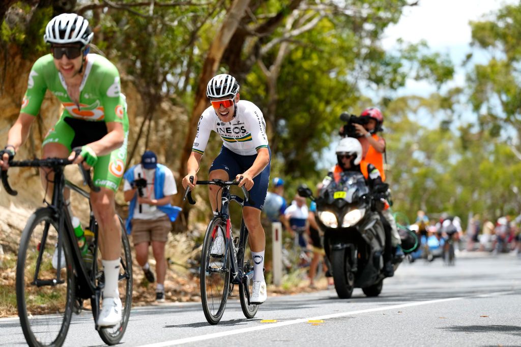 WILLUNGA HILL AUSTRALIA JANUARY 29 Luke Plapp of Australia and Team Garmin Australia competes passing through Willunga Hill 224m during the 2nd Santos Festival Of Cycling 2022 Mens Elite Stage 3 a 1132km stage from McLaren Vale to Willunga Hill 224m TourDownUnder on January 29 2022 in Willunga Hill Australia Photo by Daniel KaliszGetty Images